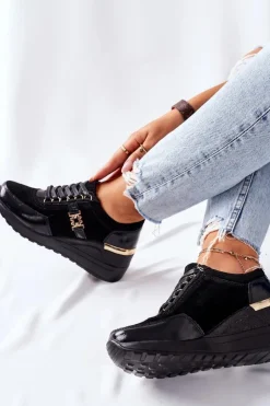 Damskie Damskie buty S.Barski Damskie Skórzane Sneakersy Na Koturnie Czarne Montessori