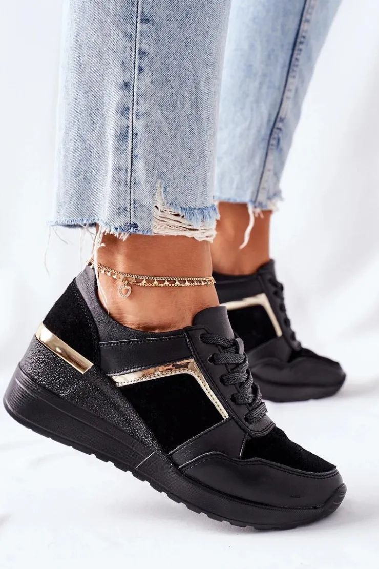 Clearance Damskie buty S.Barski Damskie Skórzane Sneakersy Na Koturnie Czarne Manitoba