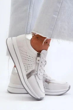 Evento Sneakersy Damskie*Damskie Skórzane Sneakersy Na Platformie Białe Ligustra Biały