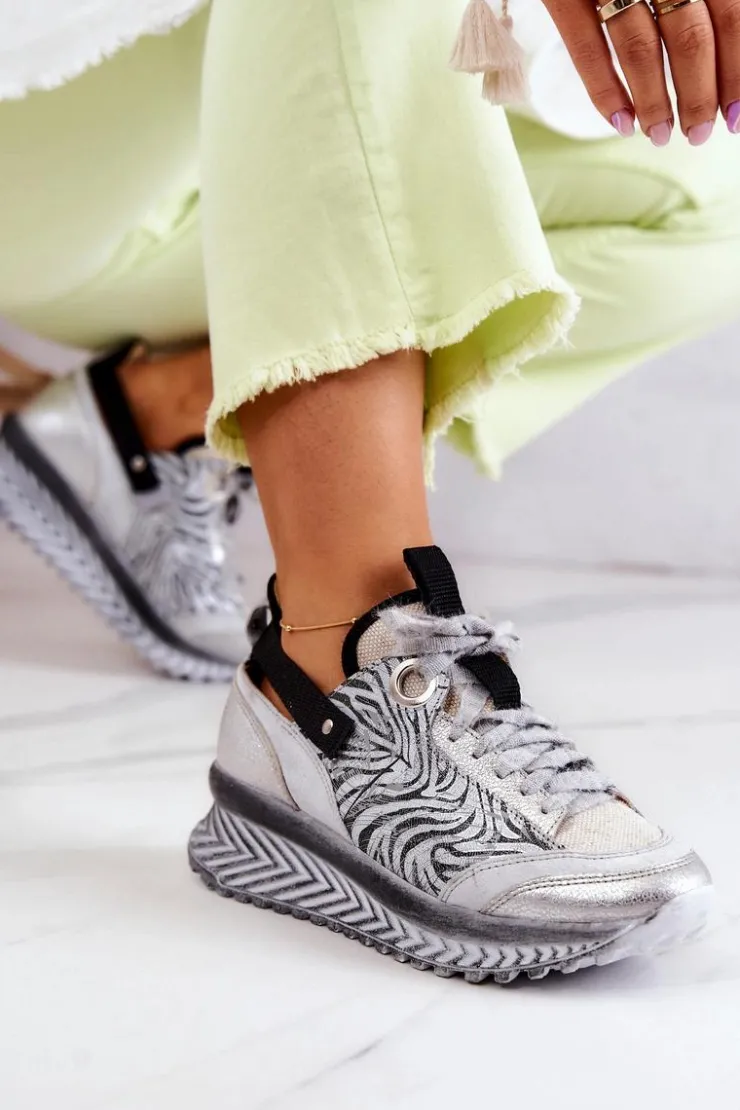 Damskie Maciejka Damskie Skórzane Sneakersy 04916-03 Szare