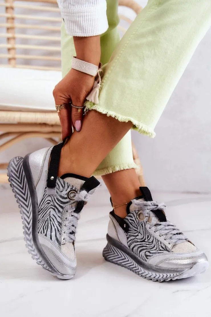 Damskie Maciejka Damskie Skórzane Sneakersy 04916-03 Szare