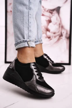 Damskie buty S.Barski Sneakersy Damskie*Damskie Skórzane Sneakersy Na Koturnie Czarne Srebrne Roxette