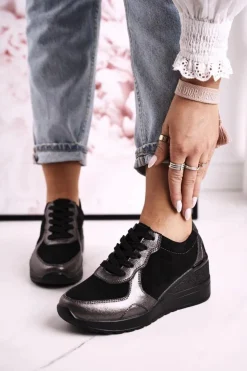 Damskie buty S.Barski Sneakersy Damskie*Damskie Skórzane Sneakersy Na Koturnie Czarne Srebrne Roxette