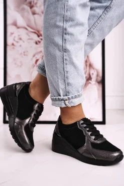 Damskie buty S.Barski Sneakersy Damskie*Damskie Skórzane Sneakersy Na Koturnie Czarne Srebrne Roxette