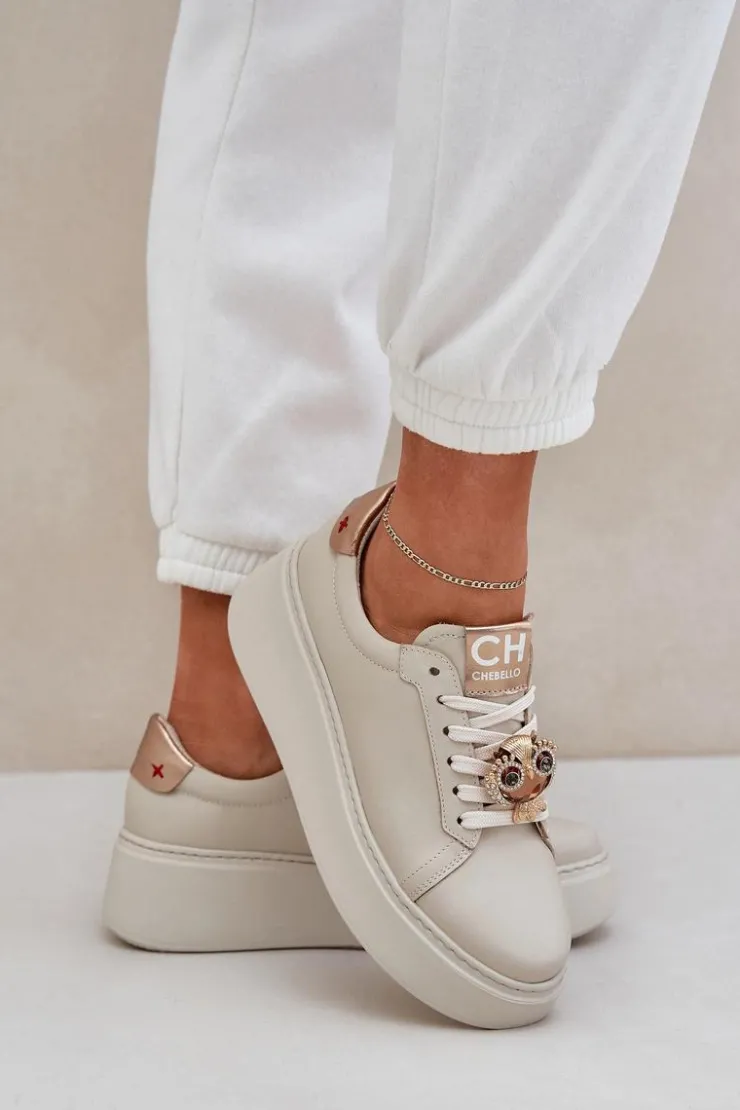 CheBello Buty Sportowe Na Platformie*Damskie Skórzane Sneakersy 4411 Jasnobeżowe Beżowy