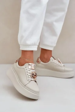 CheBello Buty Sportowe Na Platformie*Damskie Skórzane Sneakersy 4411 Jasnobeżowe Beżowy