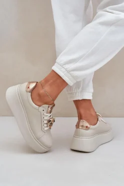 CheBello Buty Sportowe Na Platformie*Damskie Skórzane Sneakersy 4411 Jasnobeżowe Beżowy