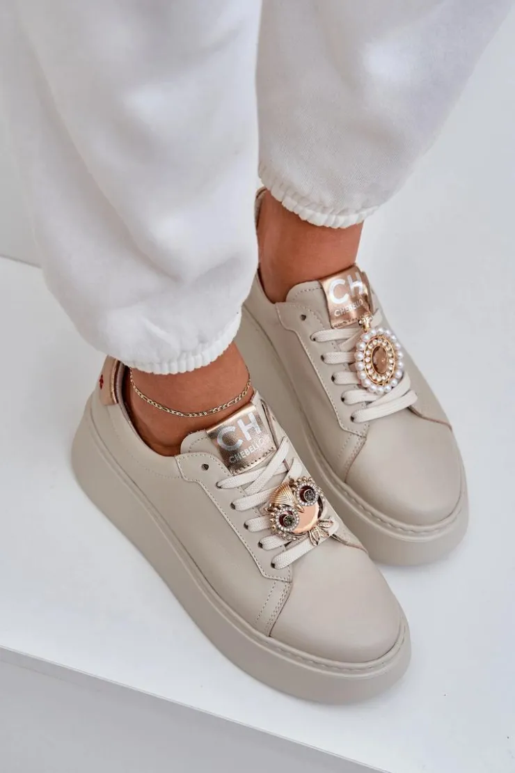 CheBello Buty Sportowe Na Platformie*Damskie Skórzane Sneakersy 4411 Jasnobeżowe Beżowy