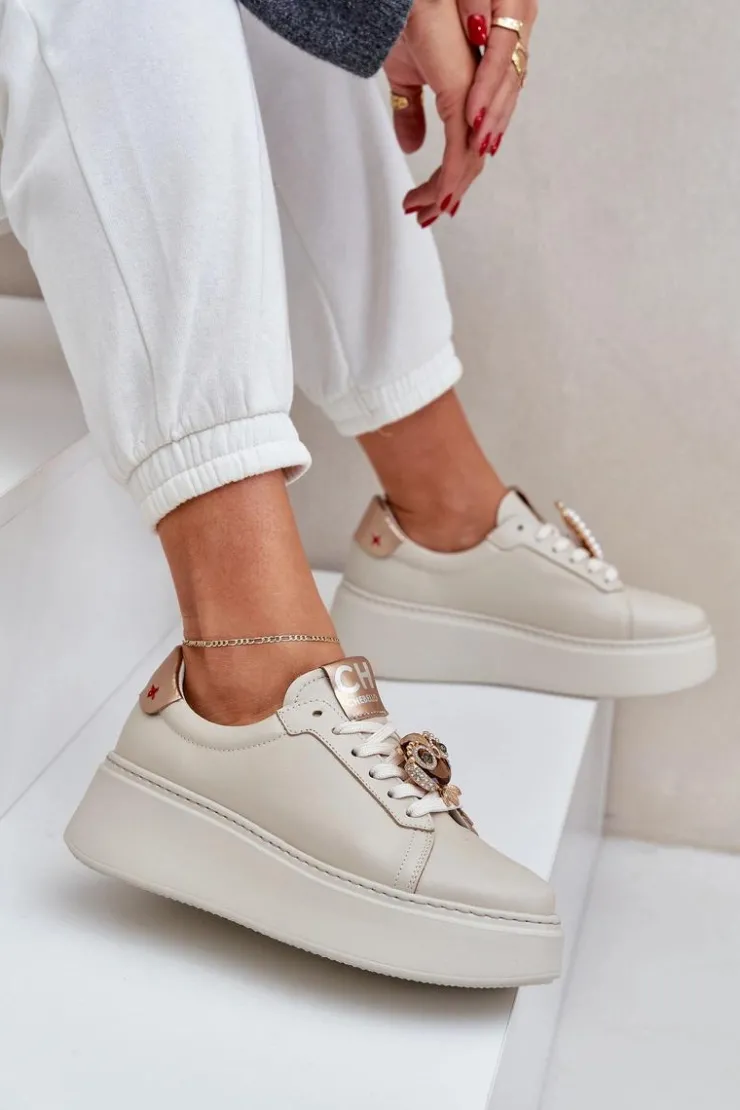 CheBello Buty Sportowe Na Platformie*Damskie Skórzane Sneakersy 4411 Jasnobeżowe Beżowy
