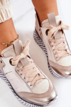 Online Maciejka Damskie Skórzane Sneakersy 04916-19 Beżowe