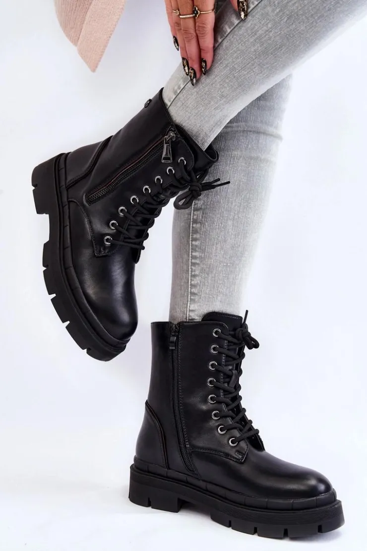 Boto Damskie Trapery|Botki Sznurowane*Damskie Skórzane Sznurowane Botki Trapery Czarne Shanna