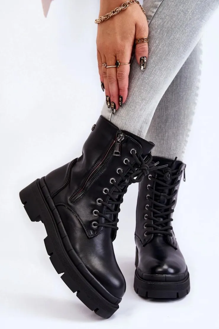Boto Damskie Trapery|Botki Sznurowane*Damskie Skórzane Sznurowane Botki Trapery Czarne Shanna