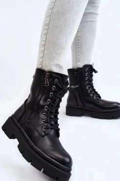 Boto Damskie Trapery|Botki Sznurowane*Damskie Skórzane Sznurowane Botki Trapery Czarne Shanna