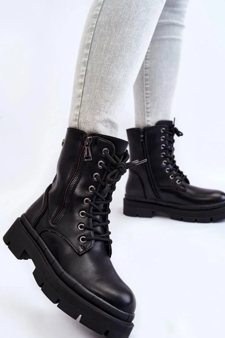 Boto Damskie Trapery|Botki Sznurowane*Damskie Skórzane Sznurowane Botki Trapery Czarne Shanna