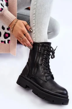 Boto Damskie Trapery|Botki Sznurowane*Damskie Skórzane Sznurowane Botki Trapery Czarne Shanna