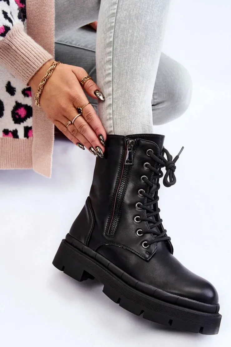 Boto Damskie Trapery|Botki Sznurowane*Damskie Skórzane Sznurowane Botki Trapery Czarne Shanna