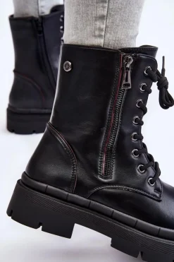 Boto Damskie Trapery|Botki Sznurowane*Damskie Skórzane Sznurowane Botki Trapery Czarne Shanna