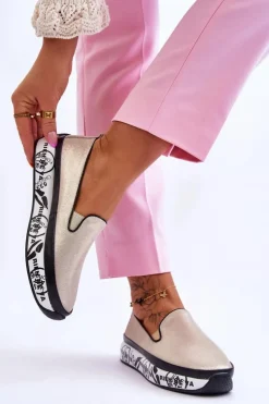 Damskie Damskie buty S.Barski Damskie Skórzane Tenisówki Slip-On Złote Ottavia