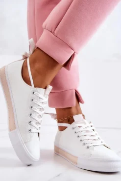 Outlet Boto Damskie Skórzane Tenisówki Biało-Beżowe Mikayla