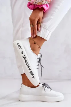 Damskie buty S.Barski Trampki Damskie Niskie*Damskie Skórzane Tenisówki Na Platformie Białe Marien