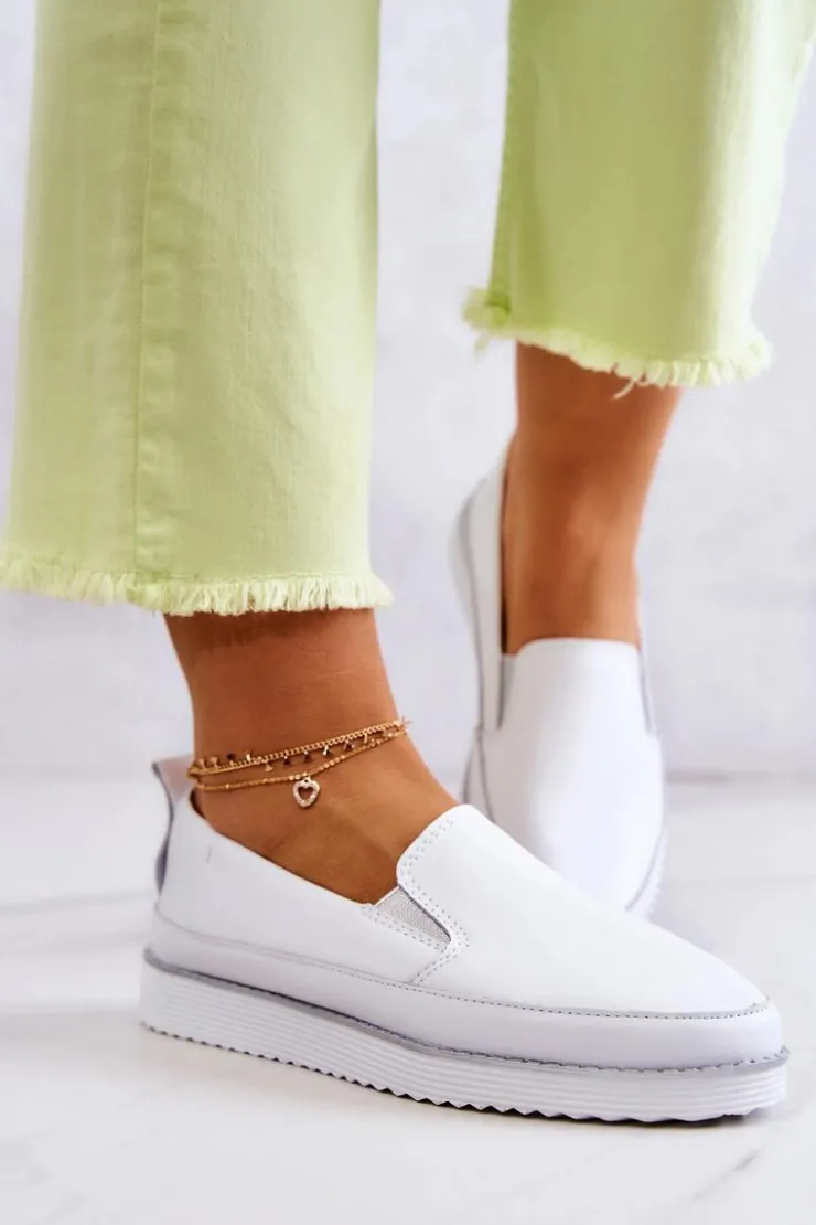 Damskie buty S.Barski Damskie Skórzane Tenisówki Slip-On S.Barski Białe