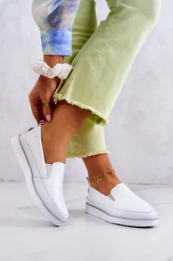 Damskie buty S.Barski Damskie Skórzane Tenisówki Slip-On S.Barski Białe