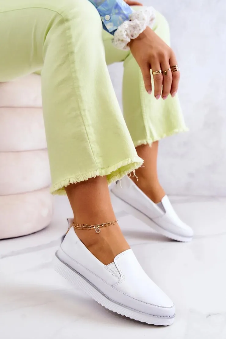 Damskie buty S.Barski Damskie Skórzane Tenisówki Slip-On S.Barski Białe