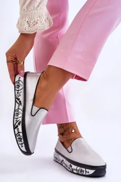 Online Damskie buty S.Barski Damskie Skórzane Tenisówki Slip-On Srebrne Ottavia