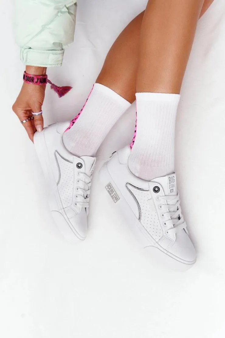 New Big Star Shoes Damskie Skórzane Tenisówki BIG STAR HH274075 Biało-Srebrne