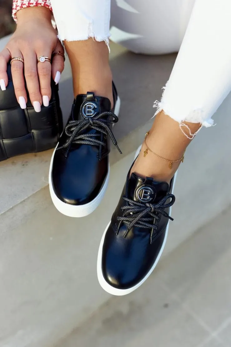 Discount Damskie buty S.Barski Damskie Skórzane Tenisówki Z Ozdobą Czarne Carrey