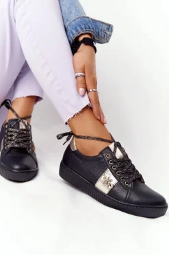 Boto Trampki Damskie Niskie*Damskie Skórzane Tenisówki Lewski Shoes 2786-0 Czarno-Złote