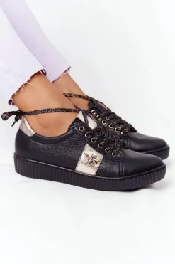 Boto Trampki Damskie Niskie*Damskie Skórzane Tenisówki Lewski Shoes 2786-0 Czarno-Złote