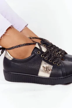 Boto Trampki Damskie Niskie*Damskie Skórzane Tenisówki Lewski Shoes 2786-0 Czarno-Złote