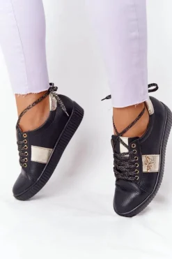 Boto Trampki Damskie Niskie*Damskie Skórzane Tenisówki Lewski Shoes 2786-0 Czarno-Złote