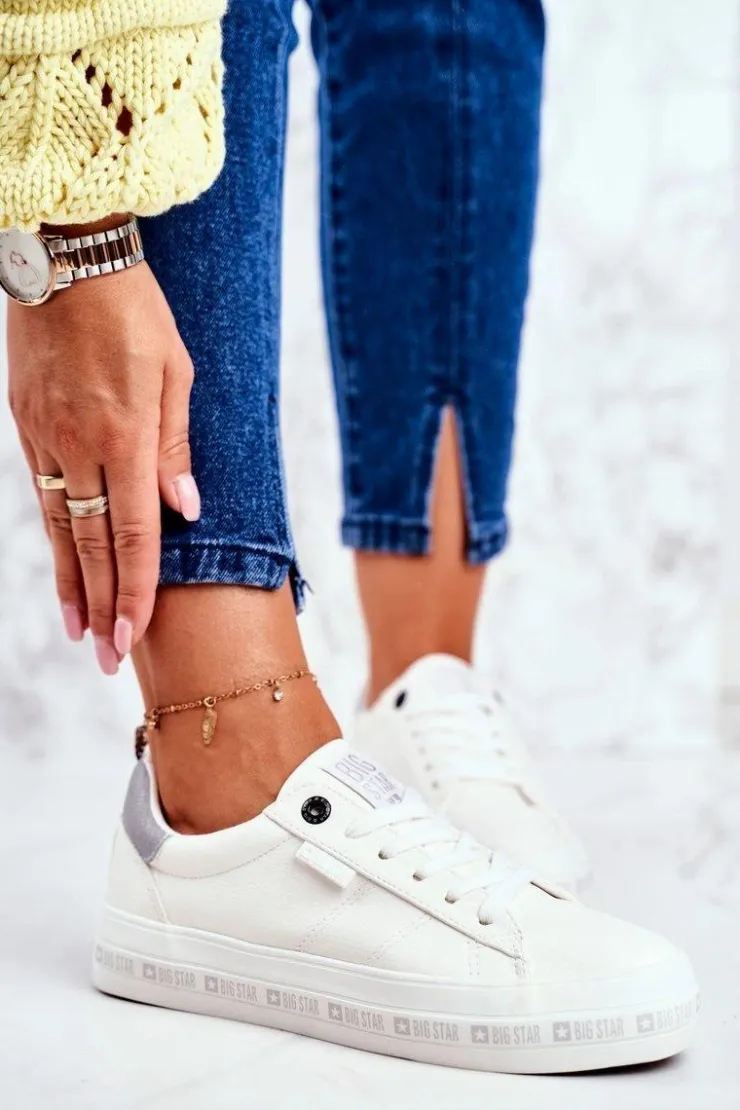 Big Star Shoes Trampki Damskie Big Star|Trampki Damskie Niskie*Damskie Skórzane Tenisówki Logowana Podeszwa Big Star GG274194 Białe