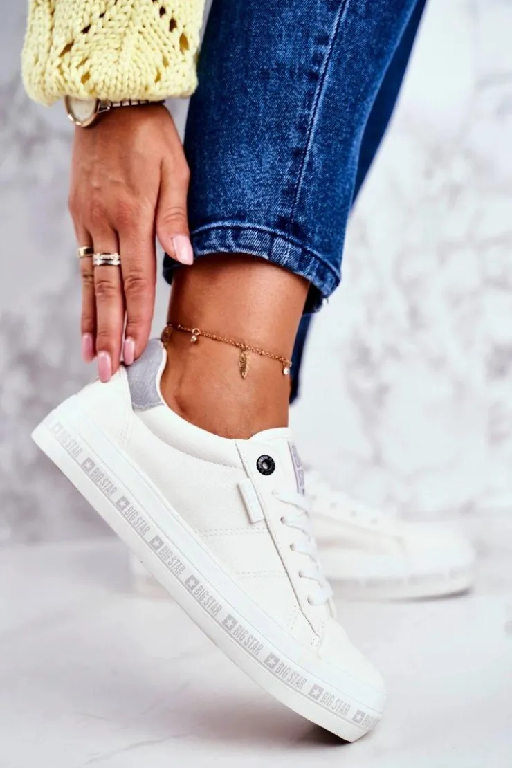 Big Star Shoes Trampki Damskie Big Star|Trampki Damskie Niskie*Damskie Skórzane Tenisówki Logowana Podeszwa Big Star GG274194 Białe