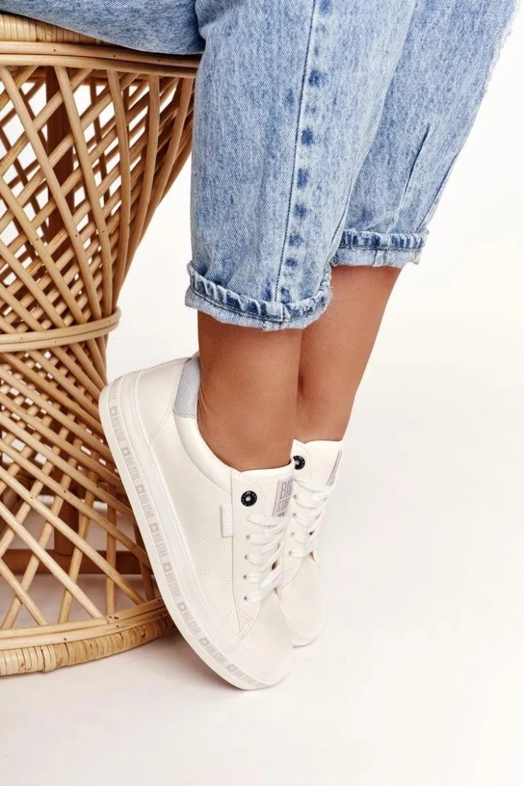 Big Star Shoes Trampki Damskie Big Star|Trampki Damskie Niskie*Damskie Skórzane Tenisówki Logowana Podeszwa Big Star GG274194 Białe