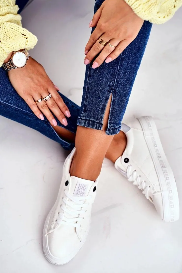 Big Star Shoes Trampki Damskie Big Star|Trampki Damskie Niskie*Damskie Skórzane Tenisówki Logowana Podeszwa Big Star GG274194 Białe