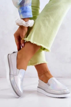 Damskie Damskie buty S.Barski Damskie Skórzane Tenisówki Slip-On S.Barski Holograficzne Srebrne