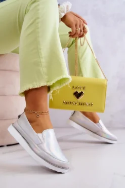 Damskie Damskie buty S.Barski Damskie Skórzane Tenisówki Slip-On S.Barski Holograficzne Srebrne