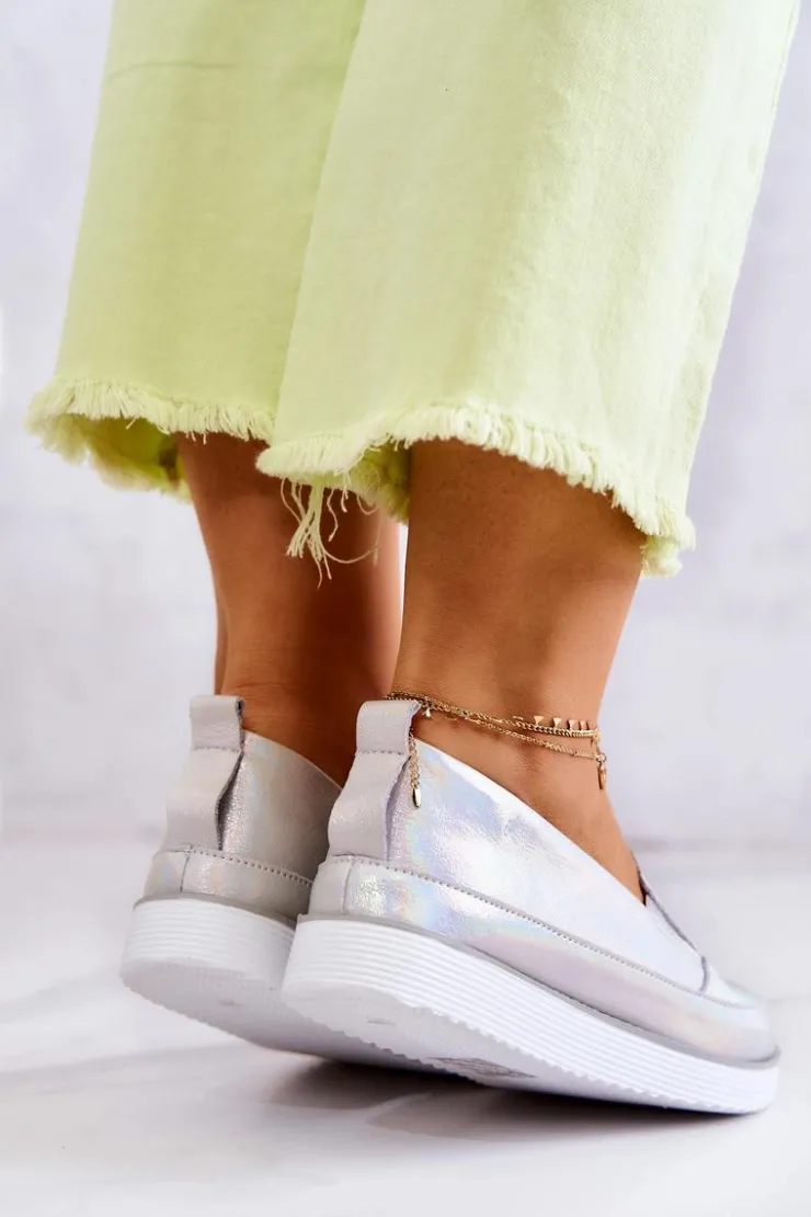 Damskie Damskie buty S.Barski Damskie Skórzane Tenisówki Slip-On S.Barski Holograficzne Srebrne