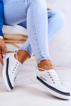 Evento Trampki Damskie Niskie*Damskie Skórzane Tenisówki Biało-Granatowe Cloesa Biały