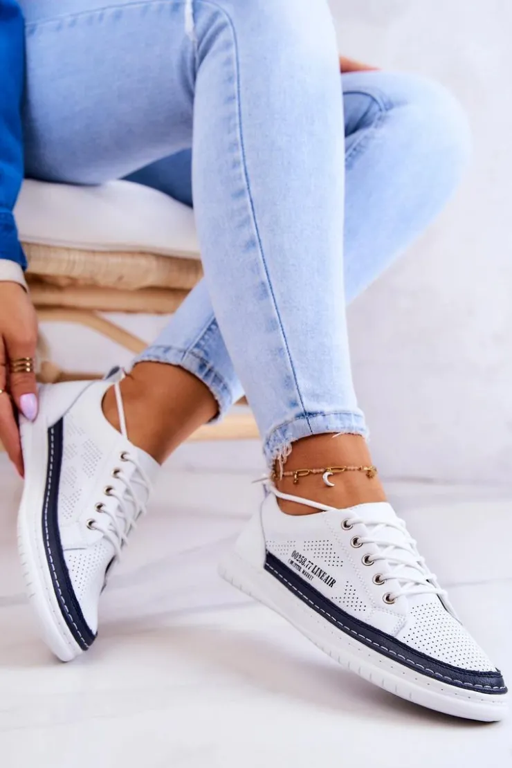 Evento Trampki Damskie Niskie*Damskie Skórzane Tenisówki Biało-Granatowe Cloesa Biały