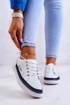 Evento Trampki Damskie Niskie*Damskie Skórzane Tenisówki Biało-Granatowe Cloesa Biały