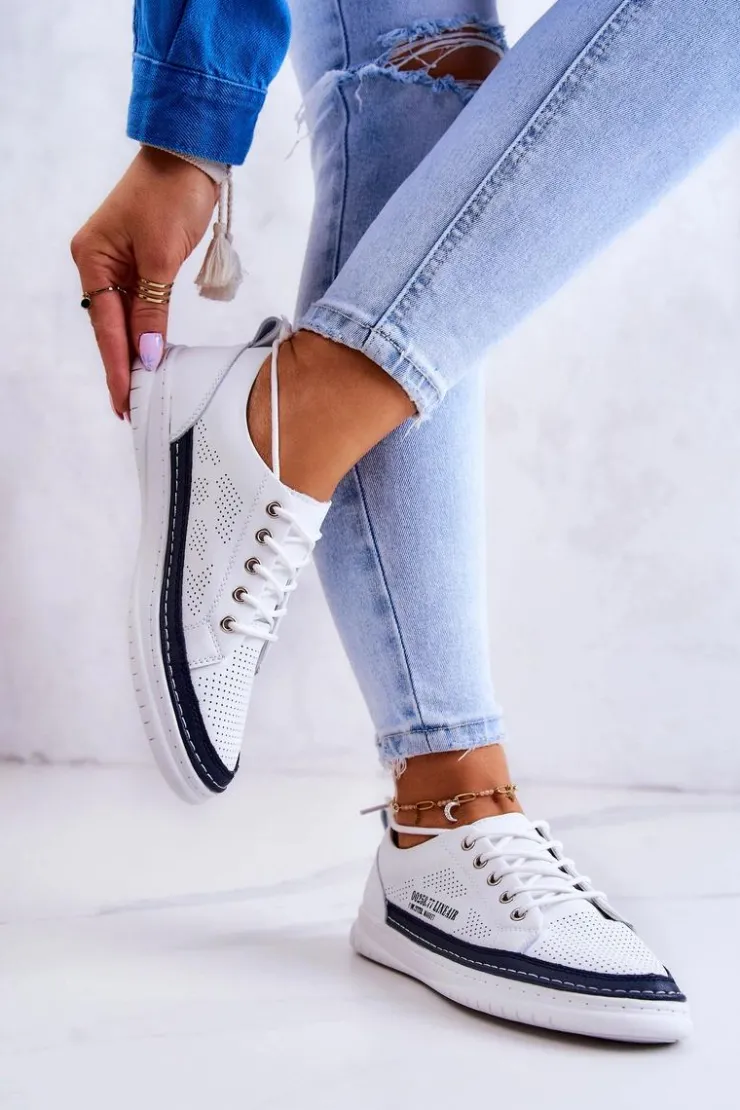 Evento Trampki Damskie Niskie*Damskie Skórzane Tenisówki Biało-Granatowe Cloesa Biały