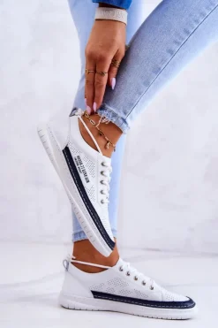 Evento Trampki Damskie Niskie*Damskie Skórzane Tenisówki Biało-Granatowe Cloesa Biały