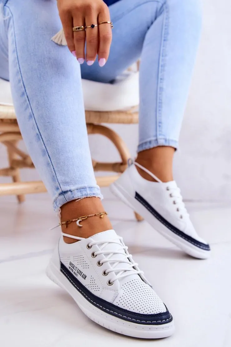 Evento Trampki Damskie Niskie*Damskie Skórzane Tenisówki Biało-Granatowe Cloesa Biały