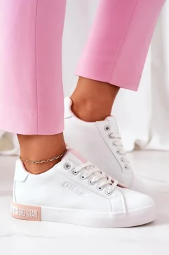 Big Star Shoes Trampki Damskie Big Star|Trampki Damskie Niskie*Damskie Skórzane Tenisówki BIG STAR II274033 Biało-Różowe