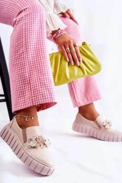 Damskie Boto Damskie Skórzane Tenisówki Slip-On Z Ozdobą Beżowe Mirana