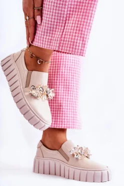 Damskie Boto Damskie Skórzane Tenisówki Slip-On Z Ozdobą Beżowe Mirana